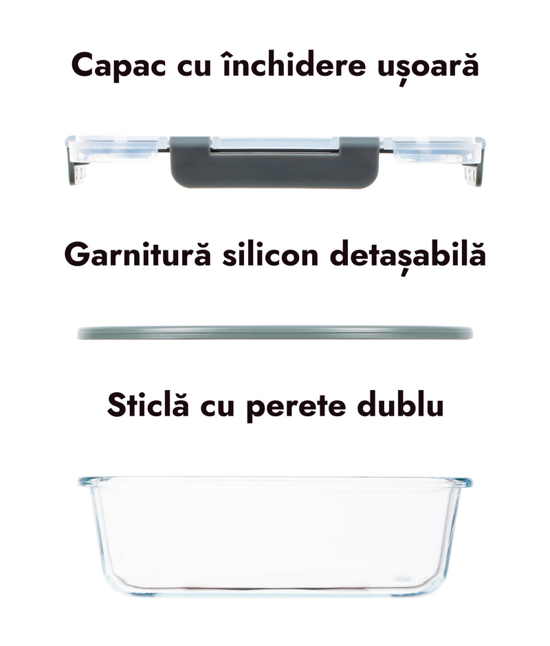 Set 5 caserole etanșe din sticlă pentru mâncare, dimensiuni individuale