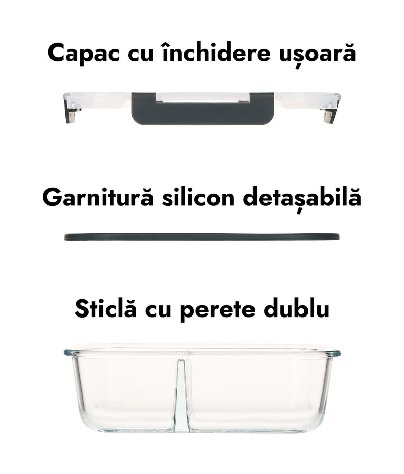 Set 10 caserole compartimentate din sticlă pentru mâncare, L + XL