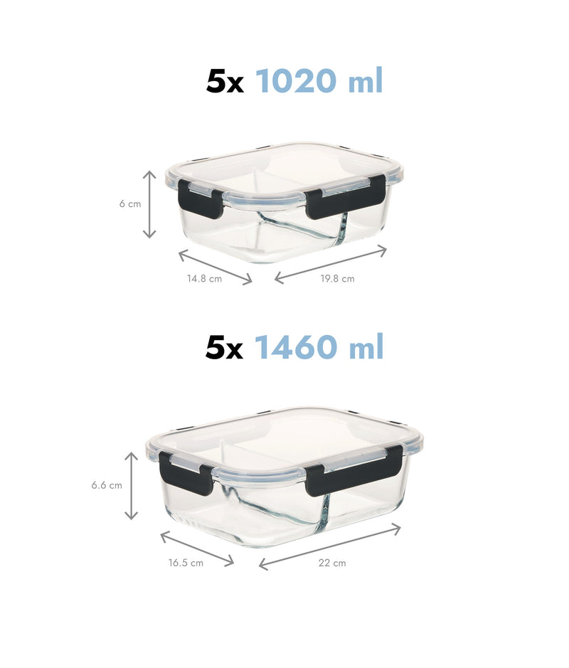 Set 10 caserole compartimentate din sticlă pentru mâncare, L + XL