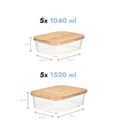 Set 10 caserole etanșe din sticlă, capac bambus, L + XL