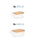 Set 10 caserole etanșe din sticlă, capac bambus, S + M