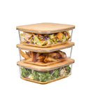 Set 3 caserole etanșe din sticlă, capac bambus