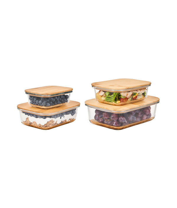 Set 4 caserole etanșe din sticlă, capac bambus