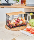 Set 2 coșuri depozitare fructe, legume, metal, capac bambus