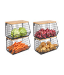Set 4 coșuri depozitare fructe, legume, metal, capac bambus