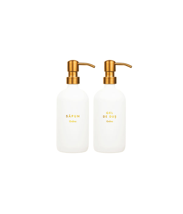 Set 2 dozatoare produse de îngrijire personală, sticlă, alb cu auriu