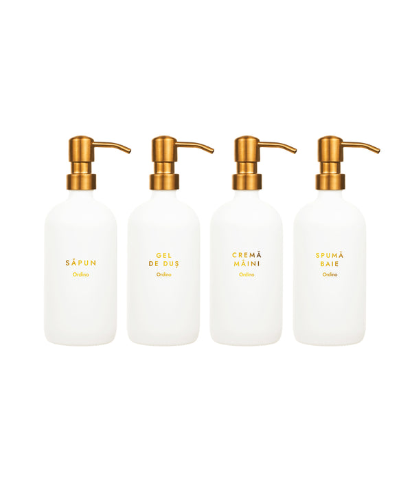 Set 4 dozatoare produse de îngrijire personală, sticlă, alb cu auriu