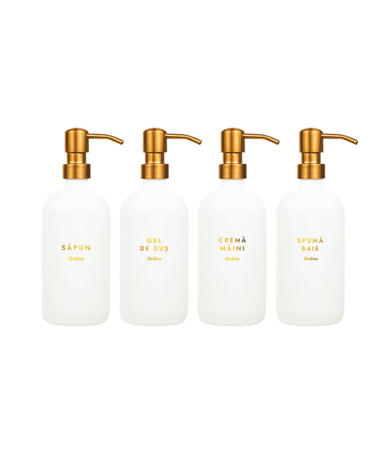 Set 4 dozatoare produse de îngrijire personală, sticlă, alb cu auriu