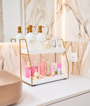 Etajeră baie cu 2 nivele, alb cu accente aurii