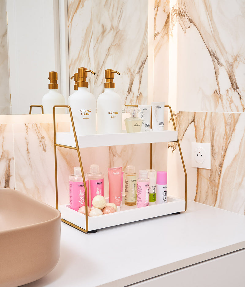 Etajeră baie cu 2 nivele, alb cu accente aurii