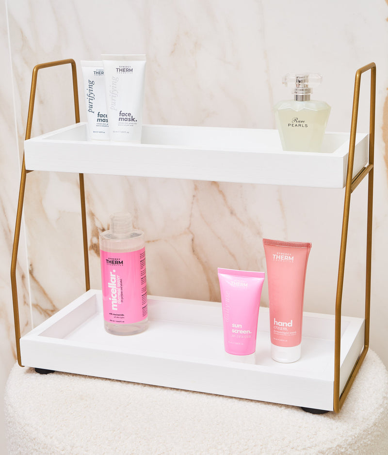 Etajeră baie cu 2 nivele, alb cu accente aurii