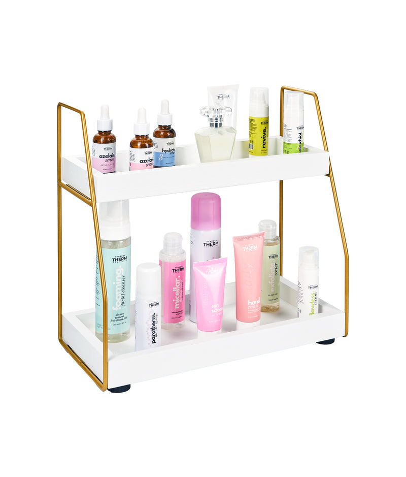 Etajeră baie cu 2 nivele, alb cu accente aurii