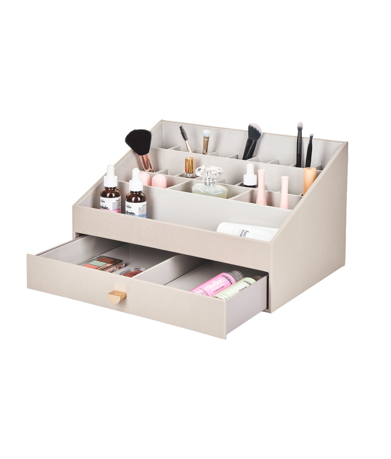 Organizator cosmetice cu sertar, exterior piele, taupe, Stackers