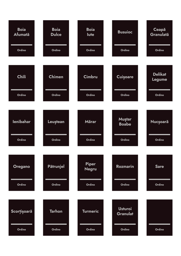 Set 98 etichete condimente, negre, scris gri