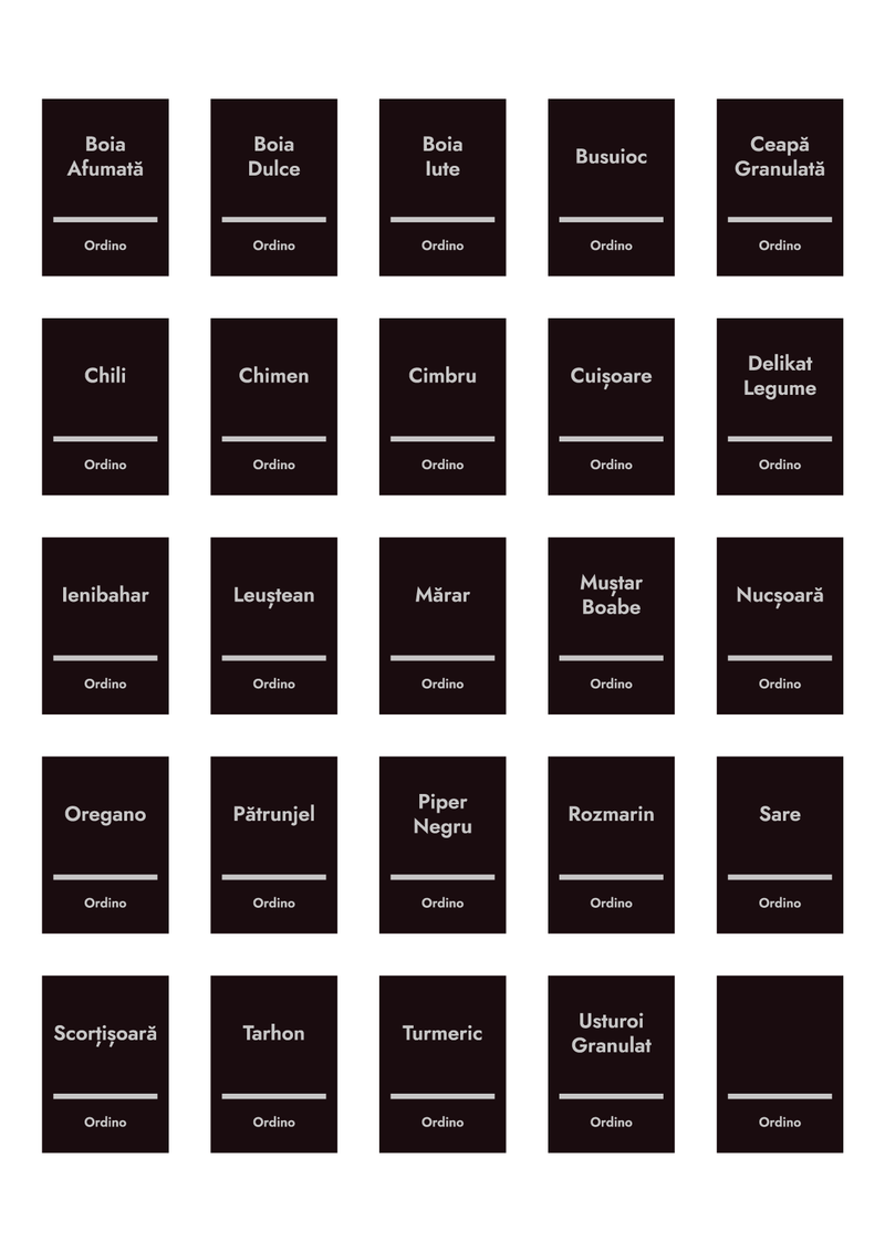 Set 98 etichete condimente, negre, scris gri