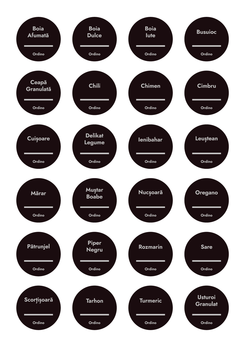 Set 98 etichete condimente, negre, scris gri