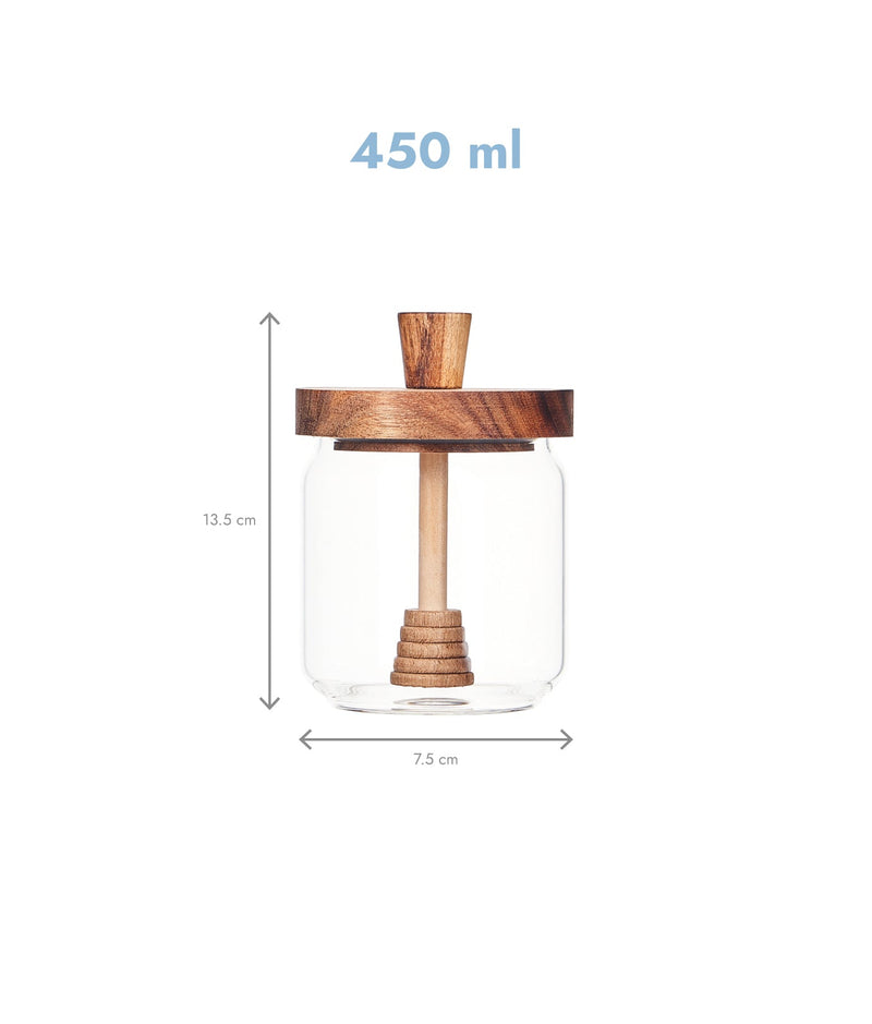 Recipient etanș miere, sticlă, capac și lingură acacia