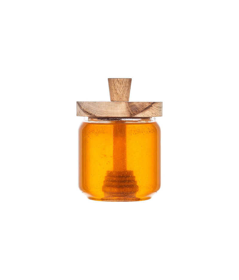 Recipient etanș miere, sticlă, capac și lingură acacia