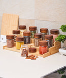 Set 12 recipiente condimente sticlă, capac acacia
