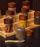 Set 12 recipiente condimente sticlă, capac acacia