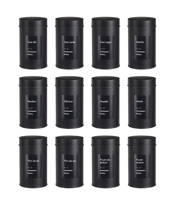 Set 12 recipiente etanșe, depozitare ceai, capac dublu, metal, negre