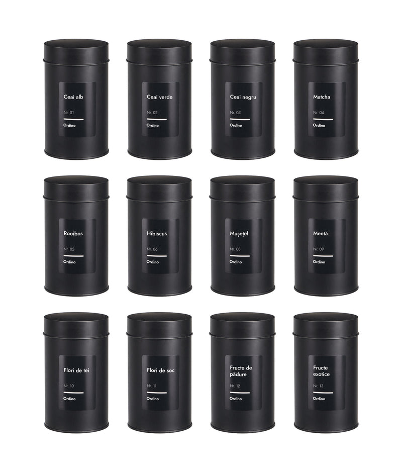 Set 12 recipiente etanșe, depozitare ceai, capac dublu, metal, negre