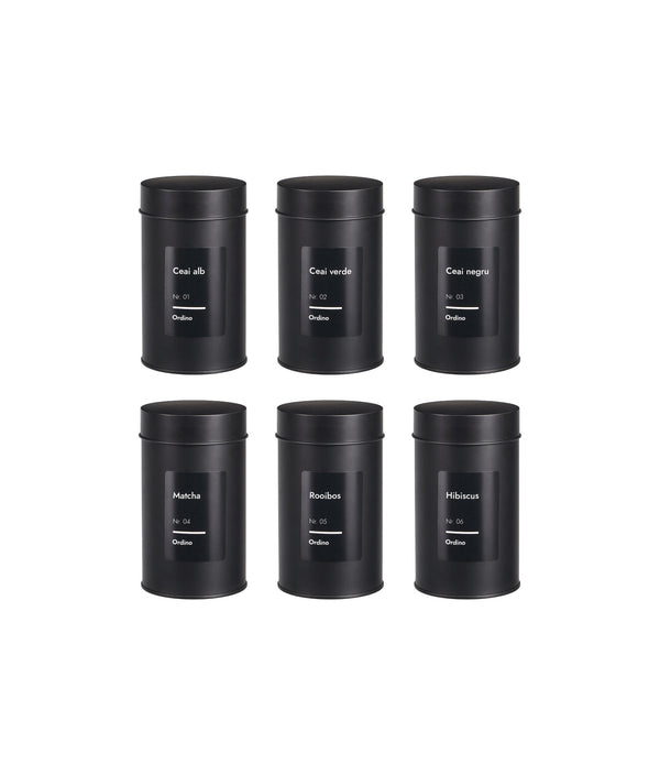 Set 6 recipiente etanșe, depozitare ceai, capac dublu, metal, negre