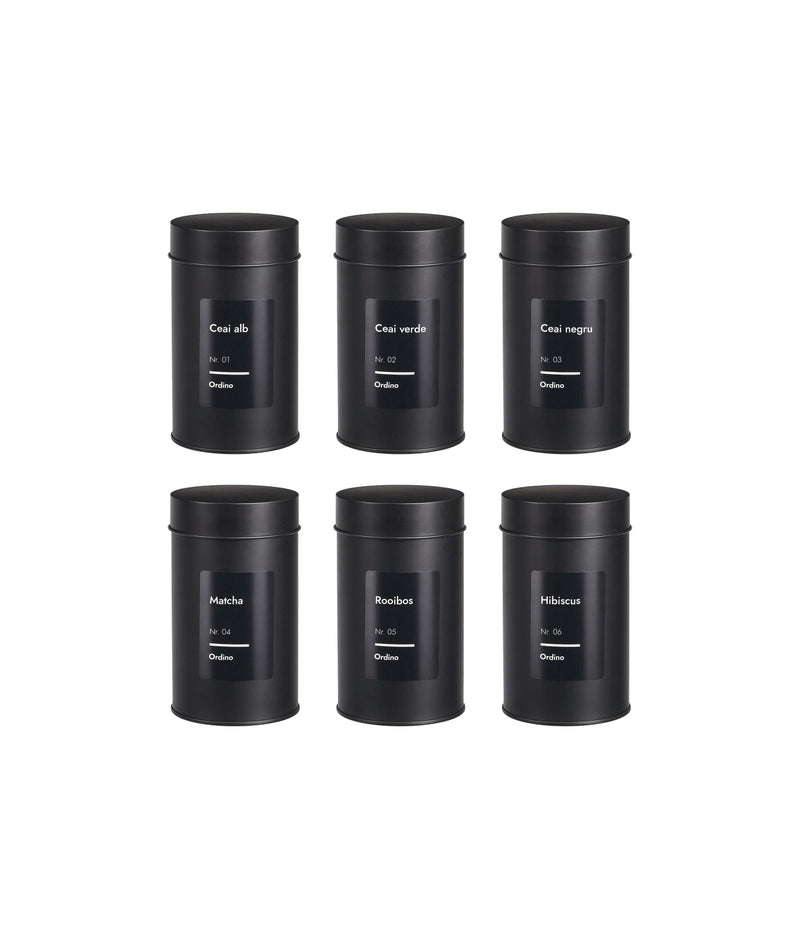 Set 6 recipiente etanșe, depozitare ceai, capac dublu, metal, negre