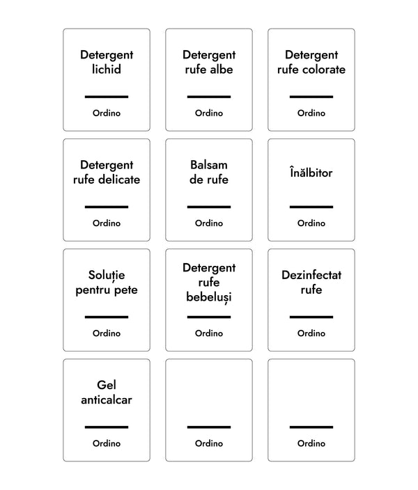 Set 12 etichete detergenți lichizi, albe, marker inclus