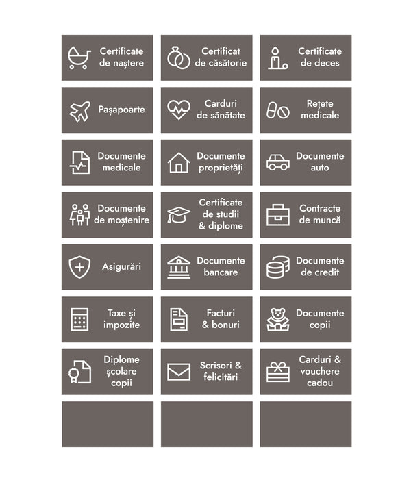 Set 24 etichete organizare documente, gri, marker inclus