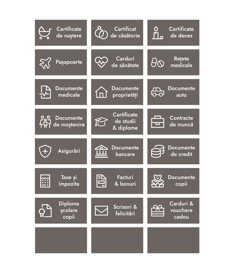 Set 24 etichete organizare documente, gri, marker inclus