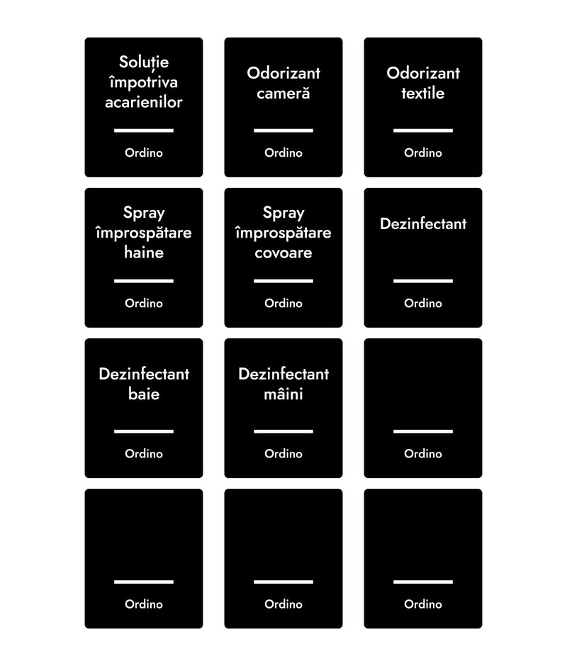 Set 24 etichete recipiente curățenie cu pulverizator, negre, marker inclus