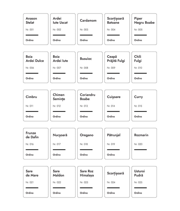 Set 50 etichete recipiente condimente, albe, marker inclus