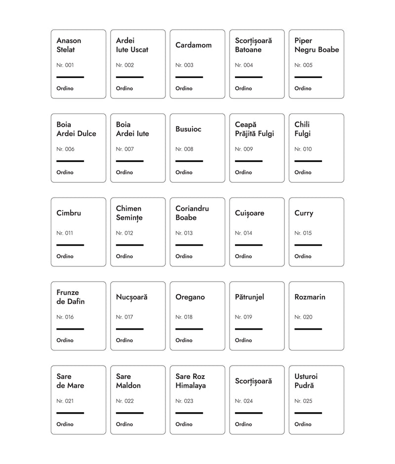 Set 50 etichete recipiente condimente, albe, marker inclus