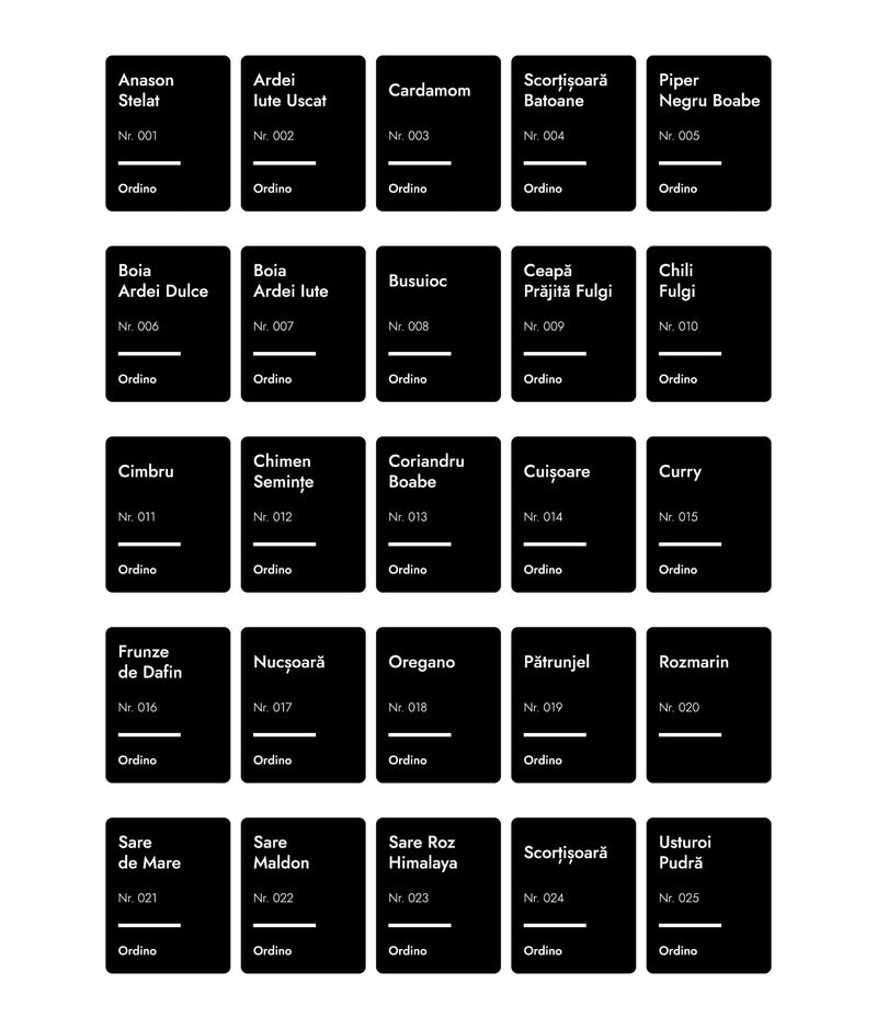 Set 50 etichete recipiente condimente, negre, marker inclus