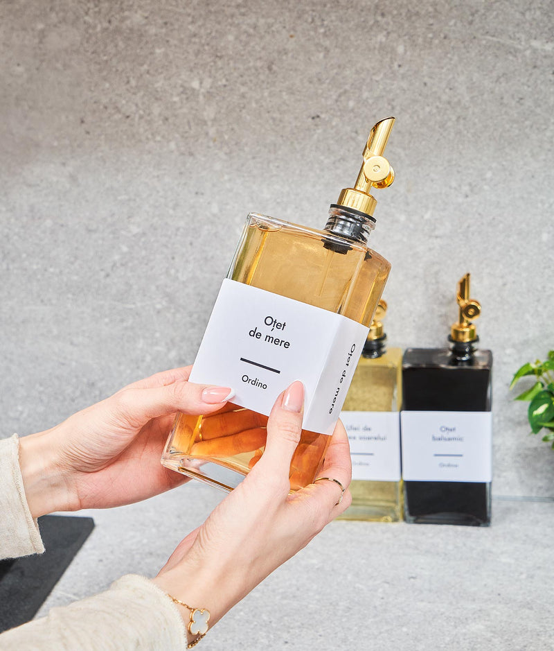 Set 8 etichete sticle ulei pătrate, albe, marker inclus