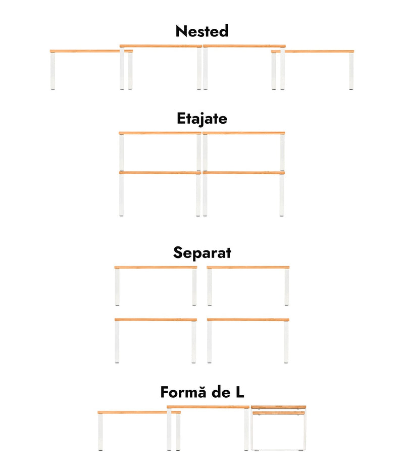 Set 2 rafturi modulare, etajabile, bambus, 4 moduri de utilizare