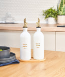 Set 2 sticle din sticlă, albe, pentru ulei și oțet, cu picurător și tavă bambus