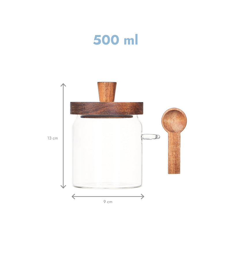 Zaharniță din sticlă, capac și lingură acacia