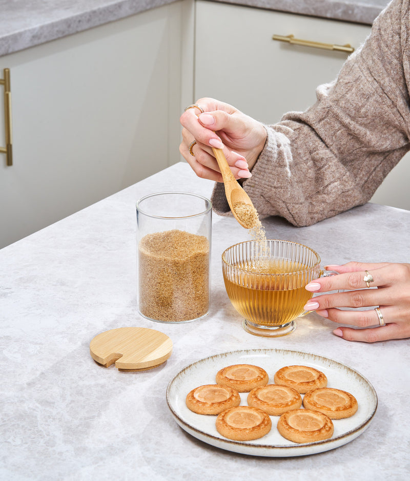 Zaharniță din sticlă, capac și lingură bambus